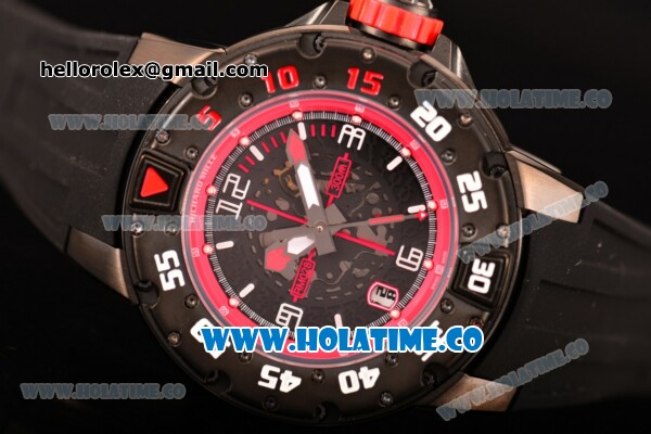 Richard Mille RM028 Swiss Valjoux 7750 Automatic PVD Case with Skeleton Dial and Black Rubber Strap - Red Inner Bezel - Click Image to Close